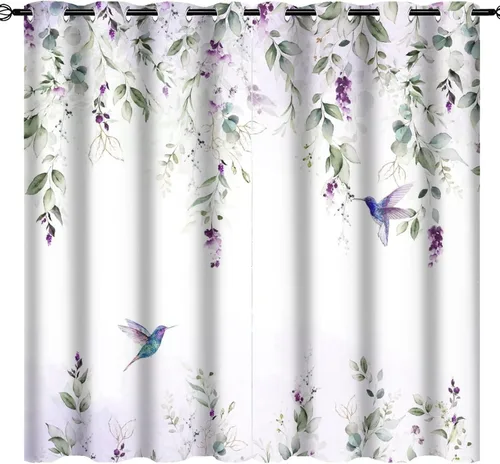 Vista 21 de Cortinas abstractas de eucalipto y colibrí, cortinas opacas con aislamiento térmico y ojales para dormitorio, 2 paneles de 45 pulgadas de largo x 21