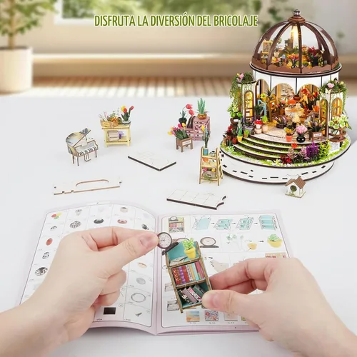 Vista 4 de Kit de casa en miniatura para bricolaje, kit de rincón de libro con luz LED, rompecabezas de madera 3D, kit de construcción de decoración de Jardín