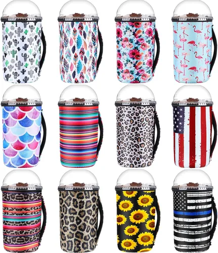 Vista 7 de Boao 12 fundas para vaso de neopreno reutilizables con asa, funda aislada para taza para café helado, bebida fría, anticondensación, sin sudor