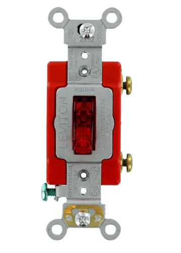 Vista 2 de Leviton 20 amperios, 120 voltios, mango iluminado de palanca, interruptor silencioso de CA de un solo polo iluminado, grado extra resistente