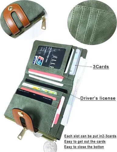 Vista 2 de AOXONEL Cartera pequeña de cuero plegable Rfid para mujer, con cremallera, bolsillo para tarjeta de identificación, delgada, compacta y delgada