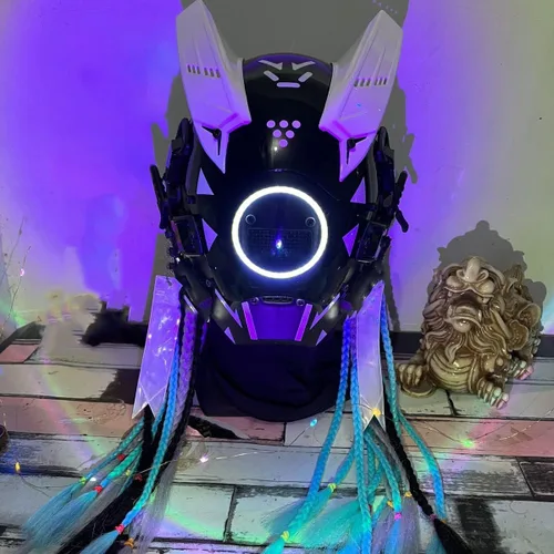 Vista 5 de YYINYUAN Máscara punk blanca futurista, decoración de casco de cosplay de Halloween con trenza ligera y sucia, máscara cibernética estilo guerrero
