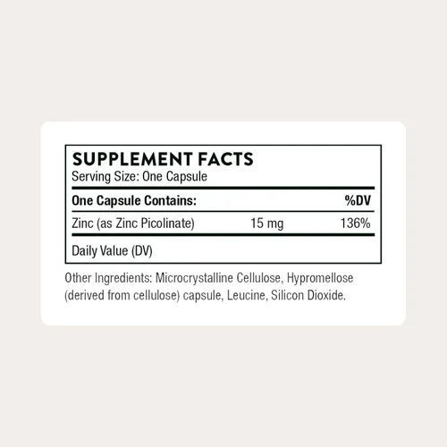 Vista 2 de THORNE - Picolinato de zinc 15 mg - Suplemento de zinc altamente absorbible - Apoya el bienestar, el sistema inmunológico, los ojos, la piel