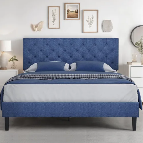 Vista 7 de HOMBCK Base de cama de tamaño individual con cabecera, base de cama tapizada con plataforma de lino para niños, base de cama de tamaño individual