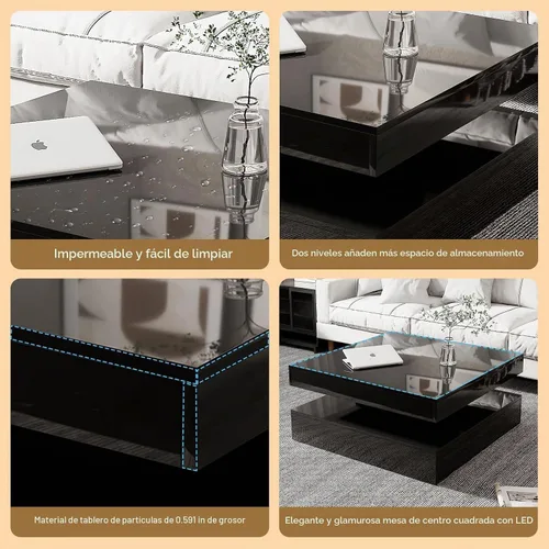 Vista 6 de HedoAjim Mesa de centro LED negra para sala de estar, mesa de sala de estar, mesas centrales cuadradas de 2 niveles, mesas de centro de madera