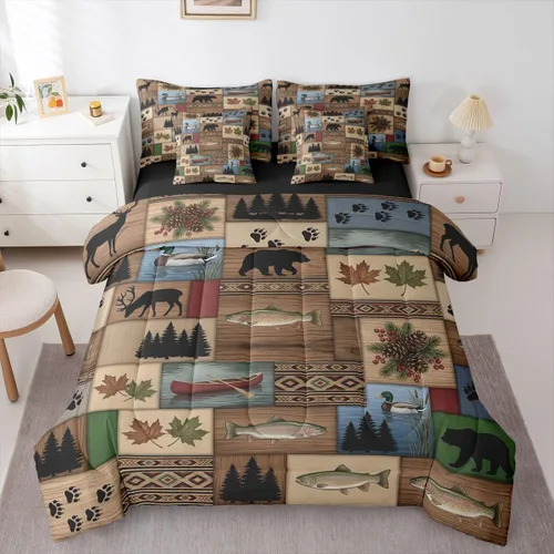 Vista 96 de Feelyou Juego de edredón de ciervo con sábanas – Tamaño Queen 7 piezas Juego de ropa de cama infantil de caza rústica – Cama de ciervo de cabaña