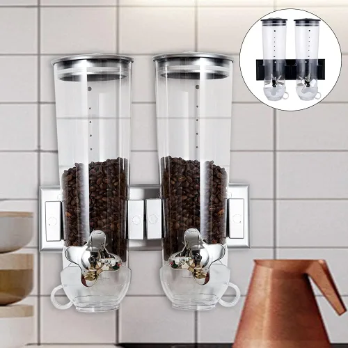 Vista 7 de Dispensador de cereales para montar en la pared, organizador de cereales, dispensador de granos de café con 2 cubos y 2 tazas, almacenamiento