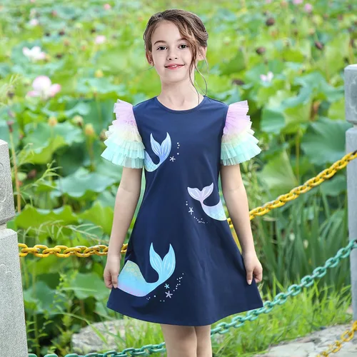 Vista 3 de Sunny Fashion Girls Dress Blue T-Shirt Pocket Embroidery Butterfly Tulle Flutter Sleeve