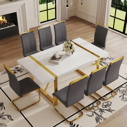 Vista 26 de Mesa de comedor Ebullient para 4, mesa de comedor rectangular negra de MDF, tapa de mesa de cena de mármol falso, mesa de comedor moderna con marco