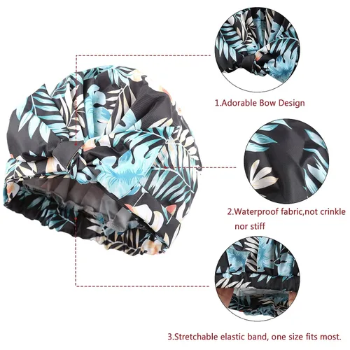 Vista 3 de Gorro de ducha para mujer, reutilizable, impermeable, para cabello largo, para ducha, bonito gorro de ducha extra grande para trenzas (hojas)