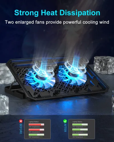Vista 2 de KeiBn Almohadilla de enfriamiento para laptop, enfriador de laptop para juegos, 2 ventiladores para portátiles de 10 a 15.6 pulgadas, 5 soportes