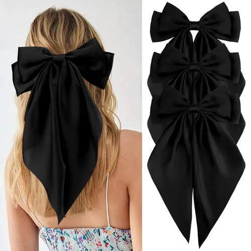 Vista 22 de Velscrun Lazos para el cabello para mujeres y niñas, 3 unidades, lazo blanco, lazo negro, azul marino, lazos grandes para el cabello con clip, lazos