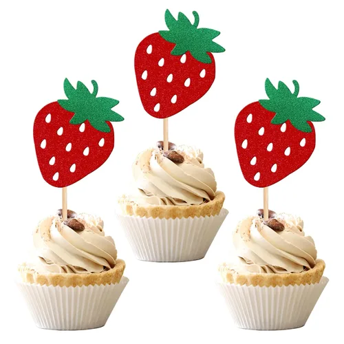 Vista 8 de 24 piezas de adornos para cupcakes de fresa, purpurina roja, temas de frutas, bayas y fresas, para verano, dulces, baby shower, fiesta