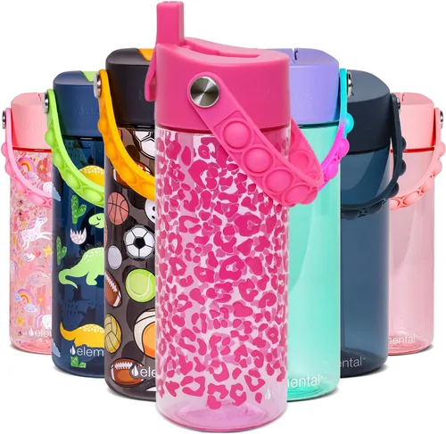 Vista 50 de Elemental Botellas de agua para niños – Botella de agua para niños Splash para la escuela con mango Pop-it – Botella de agua de plástico Tritan sin
