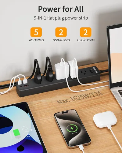 Vista 2 de DEPOW Regleta de Enchufes Negra con Protector contra Sobretensiones, Cable de Extensión Ultra Delgado de 5 Pies con Enchufe Plano, 1700 Julios, 5