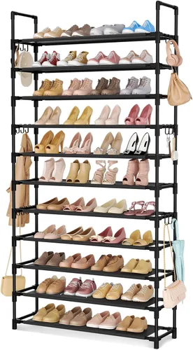 Vista 9 de LANTEFUL Zapatero de 10 niveles, 50 pares, organizador de zapatos alto de gran capacidad, almacenamiento de zapatos resistente con dos ganchos