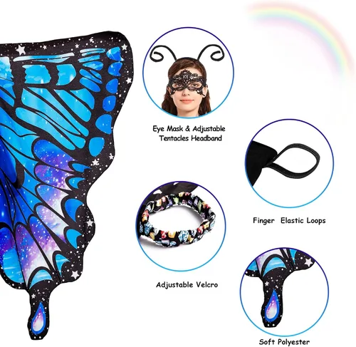 Vista 4 de Tibeha ButterflyWingsforWomen Kids - Double-SidedPrintingCostumeHalloweenGirls CapewithMaskandAntennaHeadband