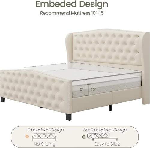 Vista 7 de LARMACE Base de cama tamaño Queen con tapizado de terciopelo, cama de plataforma con cabecera y pie de ala, base de cama con botones profundos