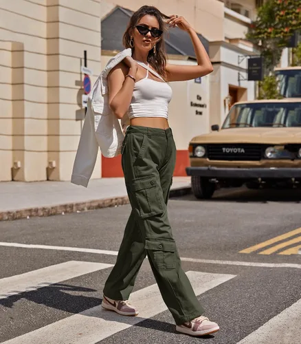 Vista 5 de ZMPSIISA Pantalones de mujer de cintura alta, pantalones cargo militares de pierna ancha, pantalones casuales de 8 bolsillos