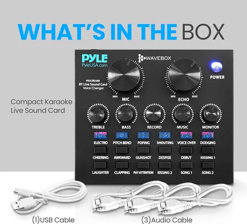 Vista 8 de Pyle PKSCRD208 - Mini interfaz de audio Bluetooth, mezclador de podcasts, transmisión en vivo para PC y iPhone, cambiador de voz V8 con 12 efectos