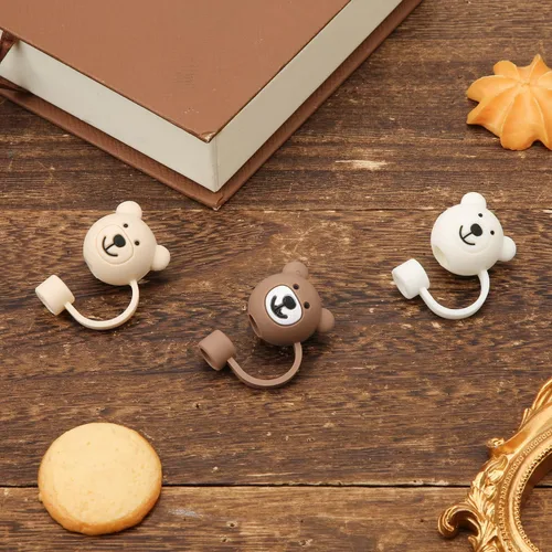 Vista 3 de 3 fundas para popote de oso, bonitas fundas de popote de silicona suave de dibujos animados, tapas protectoras sin BPA compatible con Stanley Straws