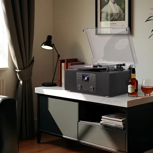 Vista 9 de Tocadiscos de vinilo Bluetooth con CD y radio por Internet, tocadiscos de 3 velocidades con grabación USB, salida AUX/RCA, control remoto y tono