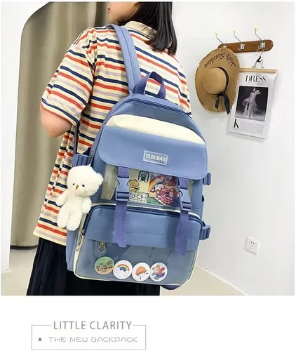 Vista 8 de MOJIDUO Juego de 4 mochilas Kawaii con bonitos colgantes e insignias de felpa, mochila escolar de alta capacidad, bonita mochila estética, Azul