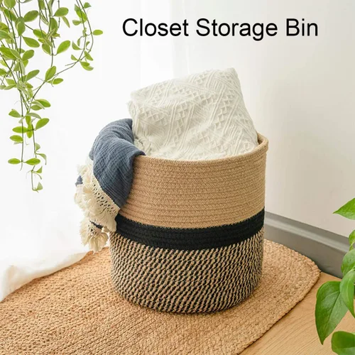 Vista 4 de Cesta tejida para macetas de interior, cesta de almacenamiento de cuerda de algodón con asa, cestas tejidas de yute para plantas de interior, maceta