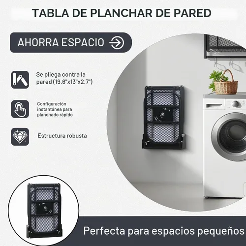 Vista 4 de Tabla de planchar para montar en la pared, compacta que ahorra espacio, tabla de hierro plegable para cuarto de lavado, 36 x 12 pulgadas, color negro