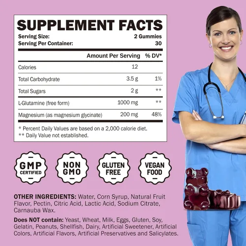 Vista 3 de L Glutamine - Gomitas de 1000 mg, alivio muscular y apoyo inmunológico, suplemento de aminoácidos con glicinato de magnesio, veganas y sin OMG, sin
