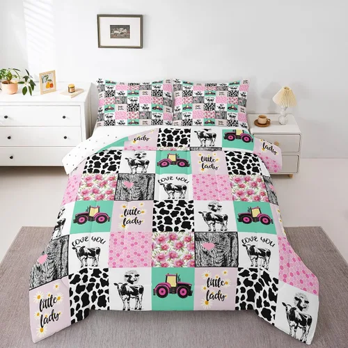 Vista 17 de Juego de edredón con estampado de vaca marrón para niñas y niños, edredón de plumón de piel de vaca de las tierras altas, ropa de cama de piel