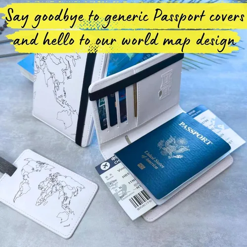 Vista 3 de Soporte para pasaporte del mapa del mundo, funda de pasaporte con bloqueo RFID y tarjetero de vacuna, cartera para pasaporte, funda para pasaporte