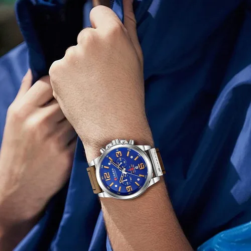 Vista 5 de Reloj de acero inoxidable con correa de cuero, estilo clásico, casual, resistente al agua, cronógrafo, fecha, y cuarzo analógico