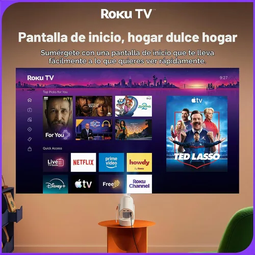 Vista 4 de Aurzen Roku TV E1R Mini proyector portátil inteligente con WiFi y Bluetooth Blanco
