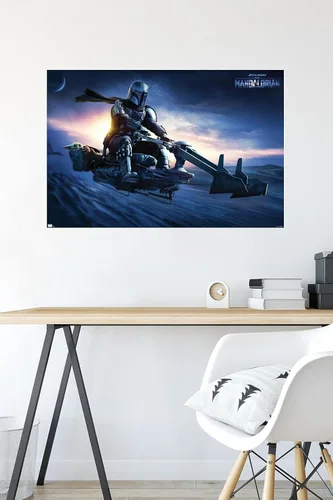 Vista 4 de Star Wars: The Mandalorian - Póster de pared Grogu Sunset Speeder, 34 pulgadas de largo x 22.4 W, versión premium sin marco
