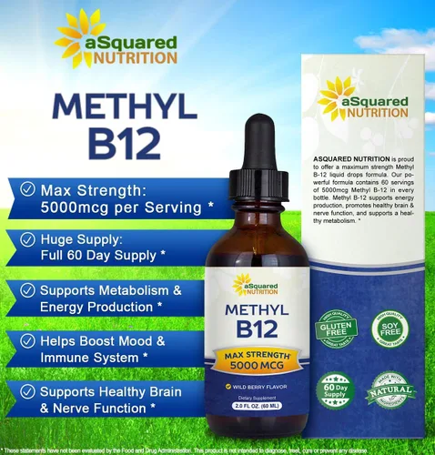 Vista 2 de Vitamina B12 Sublingual líquido gotas – 5000 mcg Suplemento con Methylcobalamin (methyl B-12) – Max absorción B 12 para aumentar la energía