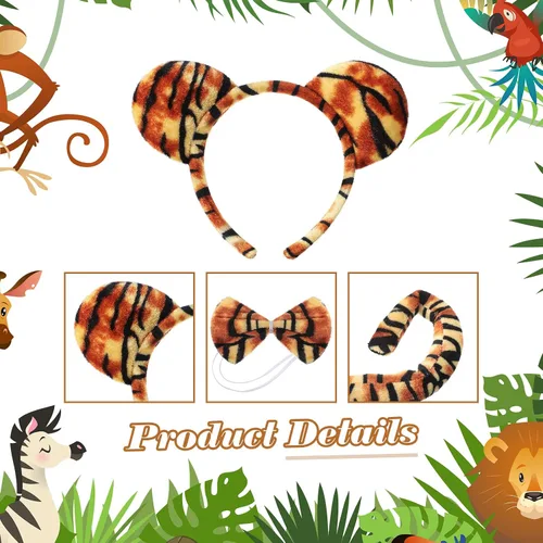Vista 3 de 2 Sets Animal Costume Set Lion Tiger Zebra Giraffe Leopard Elephant Costume Accessory Include Ears Headband Bow Tie Tail