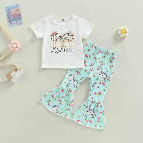 Vista 65 de fhutpw Conjunto de camiseta de manga corta con estampado de vaca y pantalones acampanados de dibujos animados para niñas