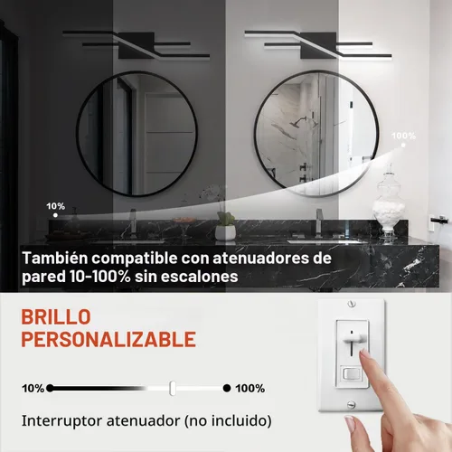 Vista 2 de SOLFART Luces de baño con acabado mate en negro, regulables, LED, para tocador, sobre espejo, 24 pulgadas, modernas, luces de pared