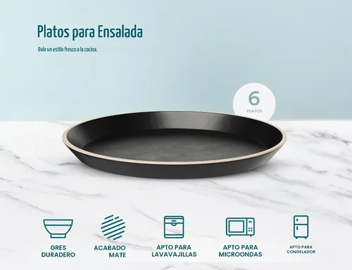 Vista 3 de KooK Platos de ensalada, platos redondos de cerámica para aperitivos y postres, aptos para lavavajillas y microondas, gres, borde alto, 8.5 Negro