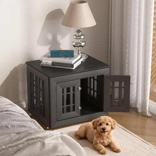 Vista 7 de Snuowu Mueble de jaula de perro resistente de 26 pulgadas para perros pequeños, medianos y grandes, jaula rústica de madera para perros, muebles