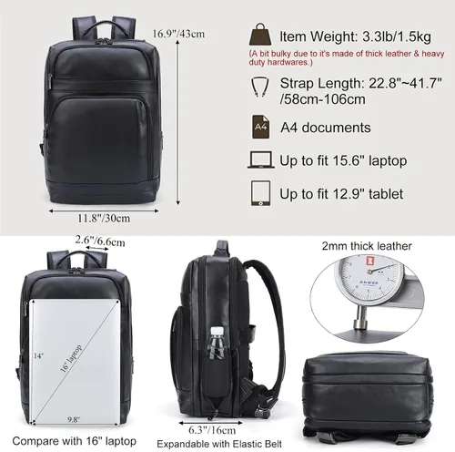 Vista 3 de Masa Kawa Mochila de cuero negro, 16" bolsa de viaje de trabajo de negocios