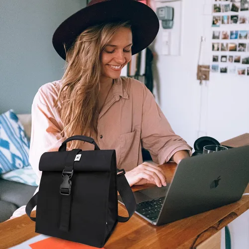 Vista 5 de Sunny Bird - Lonchera reutilizable para adultos, para hombres, mujeres, adolescentes, niños, lonchera grande aislada, bolsa de almuerzo para la Negro