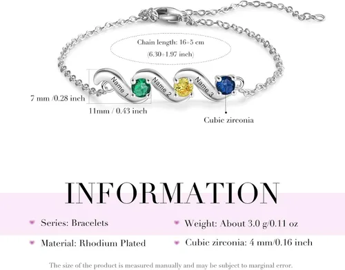 Vista 3 de Lam Hub Fong Pulsera personalizada de regalo para el día de la madre, pulseras personalizadas con nombre de piedra natal para mamá de hija, pulseras