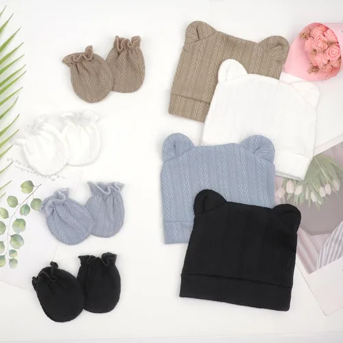Vista 7 de Conjunto de gorro y mitones para recién nacidos con orejas de oso, gorro para bebé, gorro de hospital para bebé niño o niña, de 0 a 3 meses 4