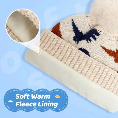 Vista 2 de Gorro de punto de invierno para bebé, forro polar, gorro grueso con pompón, gorro cálido para niños de 3 a 18 meses