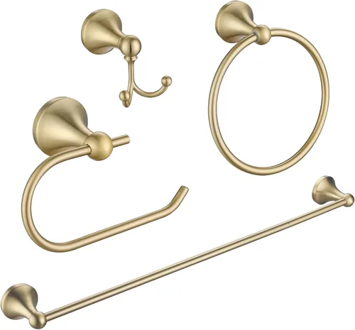 Vista 10 de Juego de Herrajes de Baño Dorado Cepillado y Negro, Kit de Accesorios de Baño Negro y Dorado de 4 Piezas de Acero Inoxidable Barra de Toalla de 23.6