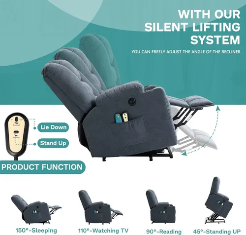Vista 6 de MEETWARM Silla reclinable eléctrica para personas mayores con calefacción por vibración, masaje de tela suave, con 2 controles remotos, puertos USB