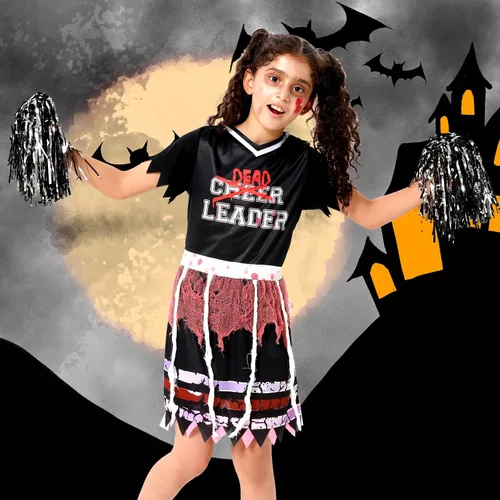Vista 5 de Lrrtwer Disfraz de animadora de Halloween de zombi para niña, disfraz de líder muerto sangriento, disfraz de Halloween, fiesta, baile de graduación