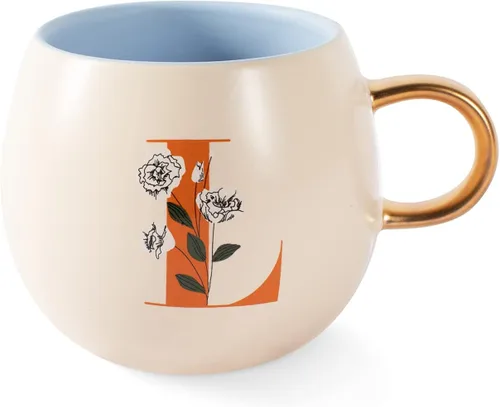 Vista 21 de Fringe Studio Taza Redonda de Gres, Monograma Floral Letra "E" 3.38" DIA. X 3.5"H, 14 fl.oz., con Asa Dorada Pintada a Mano (428047)